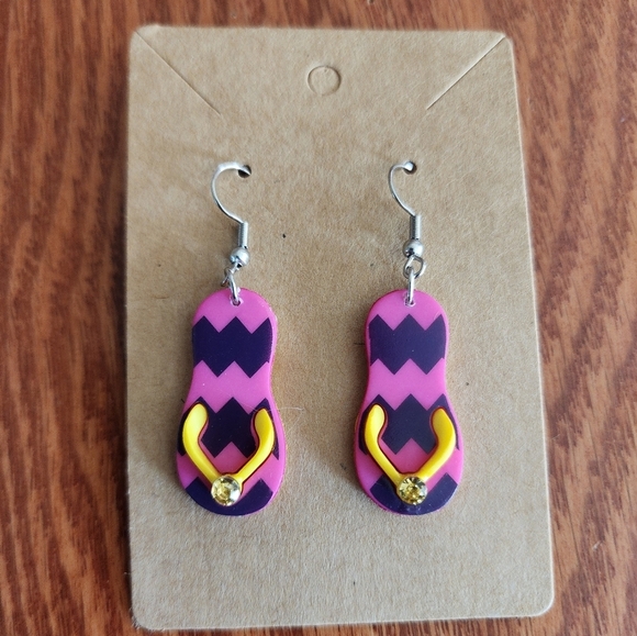 Pink and Purple Flip-Flops Stainless Steel Fishhook Earrings - Picture 1 of 5